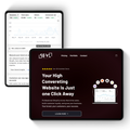 Two tablets displaying a website with analytics and promotional text on a white background