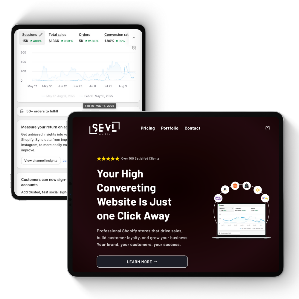 Two tablets displaying a website with analytics and promotional text on a white background