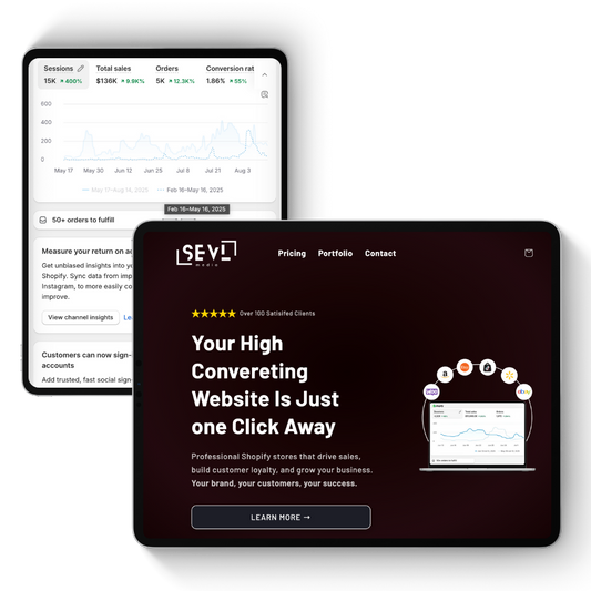 Two tablets displaying a website with analytics and promotional text on a white background